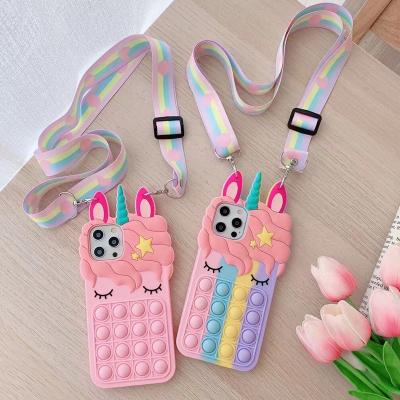 China Rainbow Push Bubble silicone 3D cute Eyelash horse soft silicone phone case with Rainbow lanyard for iPhone 13 pro en venta