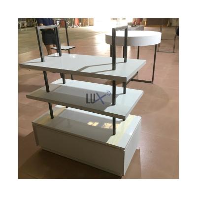 China LUX Design New Style Cosmetic Shop Interior Design White MDF Metal Stand Display Stand Custom Cosmetic Display For Cosmetic 5 Years Quality Warranty for sale