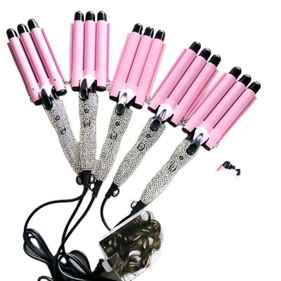 China Best Selling Ceramic Diamond Hair Styler Ceramic Beauty Items Professional Use 3 Barrels Hesitate Hair Curler With Bling Crimper Hair Iron for sale