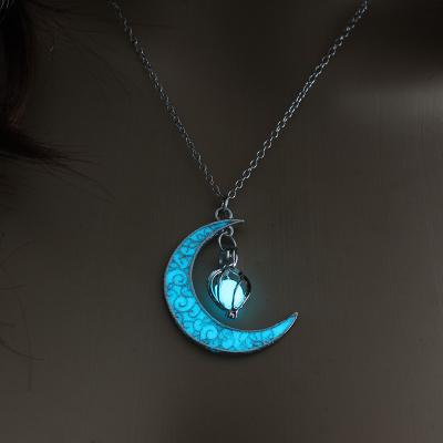 China TRENDY Jewelry Silver Plated Crescent Shaped Pendant Luminous Stone Beads Glow in the Dark Moon Necklace For Women Gift for sale