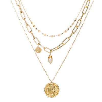 China Geometry Vintage Gold Coin Layered Big Hollow Chain With Freshwater Pearl Chunky Necklace For Lady for sale