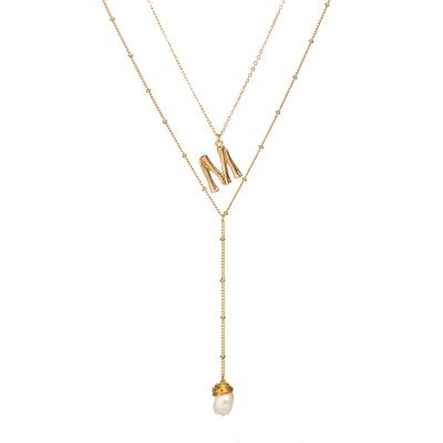 China Trendy Gold Layered Wire Wrapped Freshwater Baroque Pearl M Letter Initial Necklace for sale