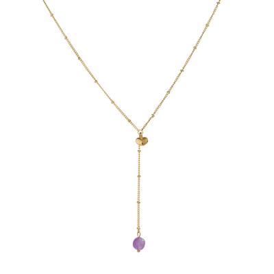 China Fashionable Mini Heart Charm Long Pendant Necklace Geometry 18K Gold Purple Amethyst Beads Yoga Necklace For Women for sale