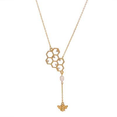 China TRENDY Gold Filled Cute Rhinestone Honeycomb Drop Dangle Bee Choker Necklace Women Jewelry for sale