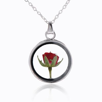 China Geometry Real Natural Dry Rose Flower Necklace Glass Pendant Long Necklaces Chains Gift For Women Girlfriend for sale