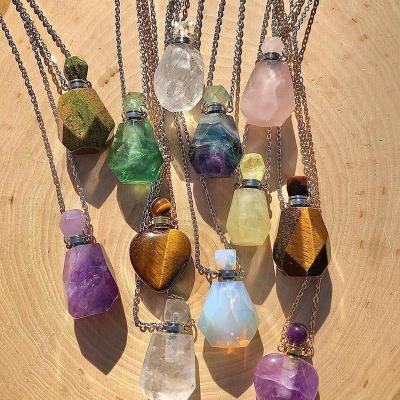 China FASHIONABLE Natural Chain Colorful Fluorite Crystal Perfume Bottle Gemstone Bottle Stainless Steel Essential Oil Perfume Pendant Necklaces for sale