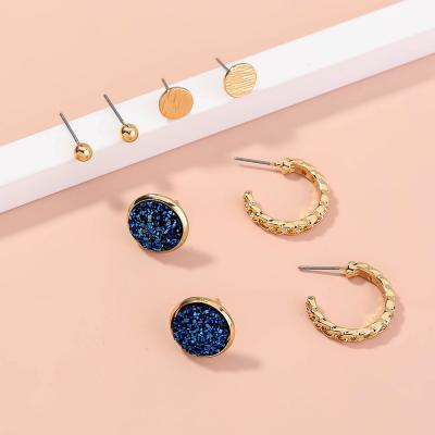 China TRENDY 4 Pair Small Gold Plated Druzy Quartz Resin Quartz Resin Chain Cuff Stud Earrings Set Women Jewelry for sale