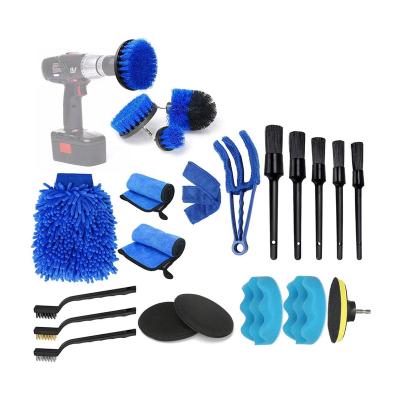 China Stocked 22 Pcs Car Cleaning Sweep Kit Car Detailing Brushes Power Drill Scrubber Brush For Car Wheels Washing Microfiber Cloth Tools for sale