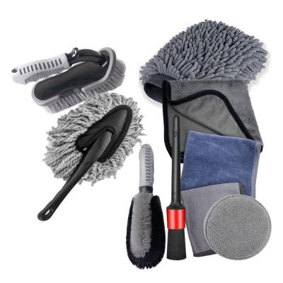 China Hot Stocked Selling 9 Pcs Car Sweep Brush Car Cleaning Brush Dusting Microfiber Cloth Wash Detailing Brushes for sale