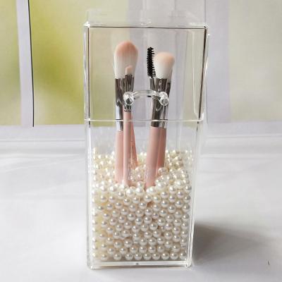 China CIA Wholsale Covered Pearl Makeup Brush Holder With Dustproof Cover Acrylic Clear Brush Storage Cosmetic Organizer for sale