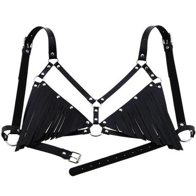 China Sexy Women'S ALLOY Leather Bra Body Leather Bra Punk Harness Bondage Tassel Belts for sale