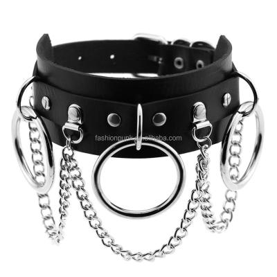 China Punk Woman Punk Bondage Leather Collar With Big 3 Rings Choker And Chains O-Ring BDSM Slave Collar for sale