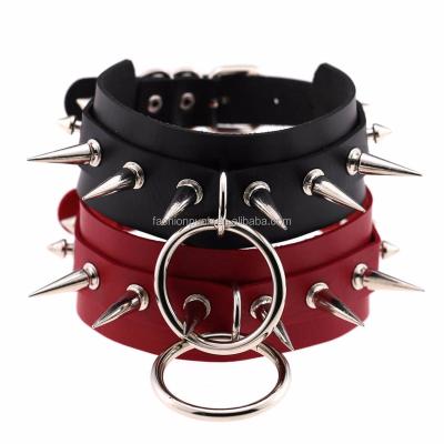 China Punk Women Men Cool Oversized O Round Choker Rivet Sharp Studs Bondage Leather Collar for sale