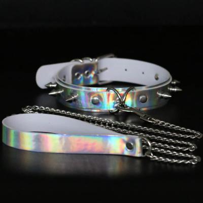 China Exaggerated Punk Rivets Sexy Punk Pets Dog Slaves Pull Rope Choker Holographic Laser PU Leather Chocker Collar for sale