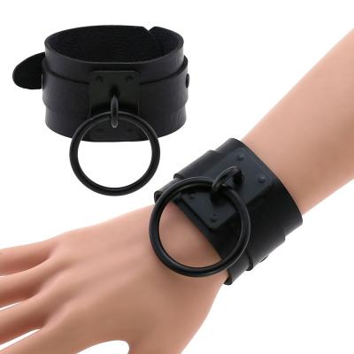 China Punk Oversized Leather Bondage BDSM Black Metal O Double Layer Bandage Cover Wrist Bracelet Around Gothic Wristbands for sale