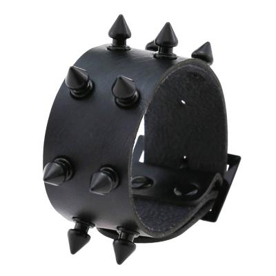 China Black Two Row Gothic Punk Rock Cuspidal Spikes Rivet Cuff Bangle Leather Bracelets Charm Bracelet Unisex for sale