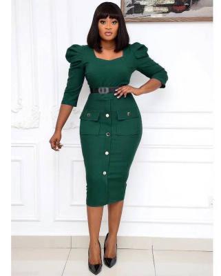 China 2021 anti-static new design casual dress with belt ladies career dresses slim fit ruffle sleeve bodycon dress for sale