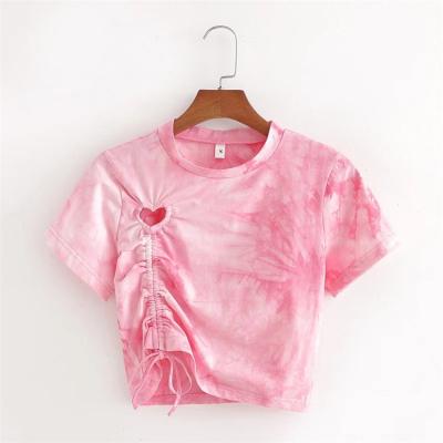 China 2020 Summer Wholesale Anti-pilling Tie-dye Printed Heart Drawstring T-shirt Top for sale