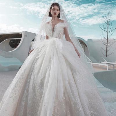 China Breathable PWD-H1224 Luxury Plus Size Wedding Dresses For Bride Off The Shoulder With Beads Ball Gown Wedding Dress for sale