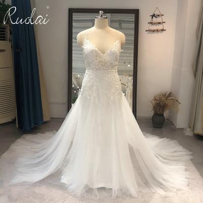 China OWD-H2400 Breathable Spaghetti Straps Lace Up A Line Wedding Dress Tulle Appliqued Backless Bride Dresses for sale