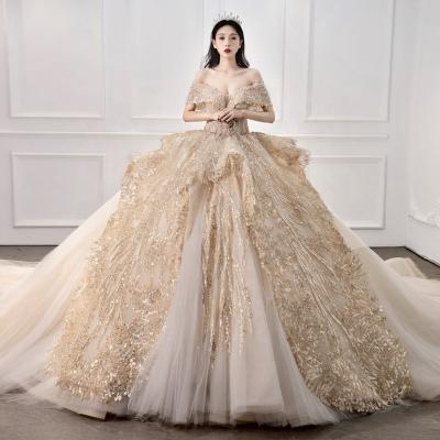 China PWD-H1223 Luxury Breathable Sparkle Lace Crystal Golden Beaded Ball Gown Off The Shoulder Train Royal Princess Wedding Dress for sale