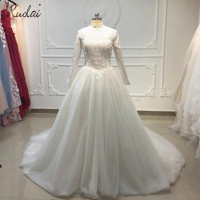 China OWD-H2160 High Neck Breathable Elegant Satin Long Sleeves Appliqued A Line Wedding Bridal Dress for sale