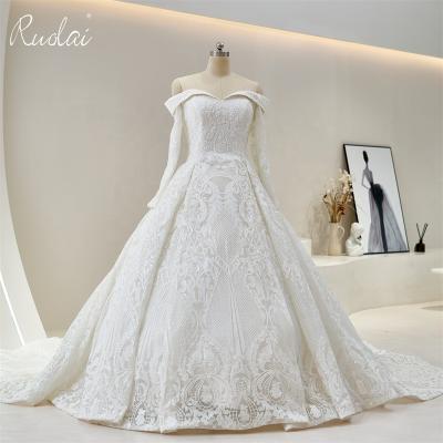 China Ruolai ZW00128 Breathable Fashion Luxury Off-the-Shoulder Appliques Lace Up Ball Gown Cathedral Train Ball Gown Wedding Dress for sale