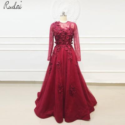 China New Arrival Lace Top Breathable Red Main Hole Dresses OEV-L4148 For Women Party Dress A Line Long Sleeve Party Dress for sale