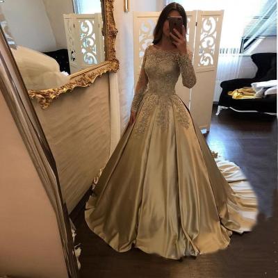 China Breathable Elegant Turkish YASA-3079 Gold Long Sleeve Off The Shoulder Satin Formal Dresses Girl's Prom Dress 2022 for sale