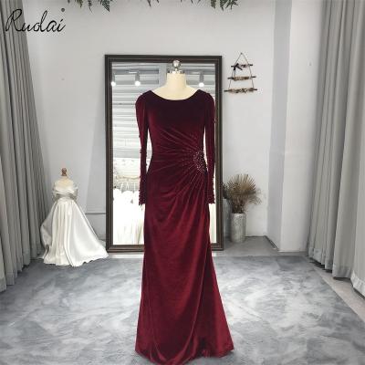 China Anti-wrinkle Ruolai LDR6560 boat neck with long sleeve formal dress mermaid velvet crystals evening dresses for sale