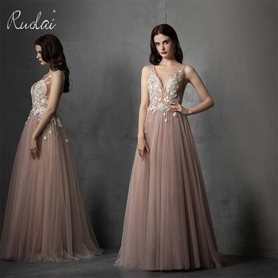 China Ruolai PEV-L3113 Deep V-Neckline Deep V Back Dinner Dress Anti-wrinkle With 3D Flower Evening Dresses 2022 for sale