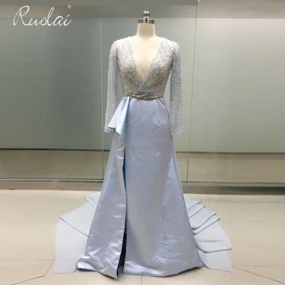 China ALD04 Breathable Satin Sexy Applique Formal Party Dress Beaded Long Blue Prom Dresses Evening Dresses Sequins for sale