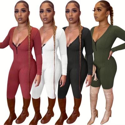 China Anti-pilling 2021 New Arrivals Song Solid Sleeve Rompers Knitted Yarn Jumpsuits For Women Zipper V-Neck Bodycon Jumpsuit for sale