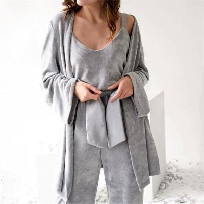 China QUICK DRY Custom Logo Velvet Knit Autumn Winter Women Sleepwear Solid Color Camis Pants Long Dress Three Piece Set Warm Home Loungewear for sale