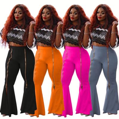 China Anti-pilling tight flare 2021 new design S-3XL zipper pants high waist casual pants solid split flare pants for ladies for sale