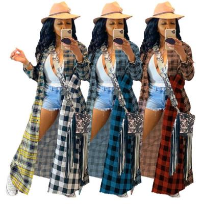 China S-3XL QUICK DRY plus size women's coat 2021 fall winter collar patchwork turn-down plaid printed long shirt jacket coats for sale