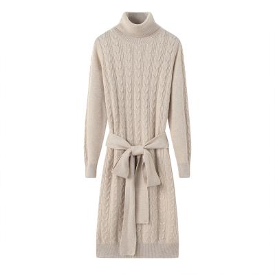 China Cashmere Anti-Static Women's Long Sleeve Waffle Knitted Tie Waist Tunic Sweater Sweater Dress 100% OEM Service for sale