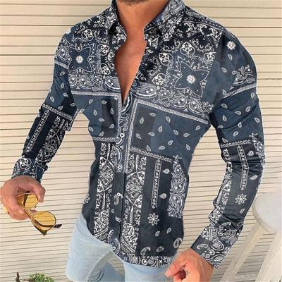 China Mens Vintage Paisley 3D Print Anti Shrink Tops Long Sleeve Button Up Slim Fit Bandana Shirt for sale