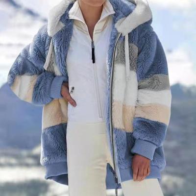 China Windproof Overcoat Fuzzy Warm For Woman Color Block Fleece Anti-Wrinkle Full Zipper Sherpa Jackets Faux Fur Coat Hooded Unisex Winter for sale