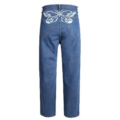 China Wholesale high quality QUICK DRY 2022 womens blue ladies high waisted loose logo custom printed custom high waisted butterfly jeans mom for sale