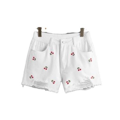 China 2021 New Arrival QUICK DRY Super Cute Fruit And Vegetable Cherry Embroidery Ripped White Denim Shorts For Women for sale