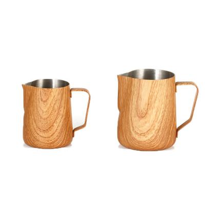 China 304 Stainless Steel 350ml 600ml Sustainable Grain Milk Jug Wooden Milk Frothing Pitcher for sale