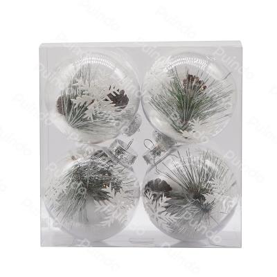 China Christmas Decorations Christmas Ball Plastic Gift Box Include Clear Christmas Ball Contains Pine Leaves White Snowflake Christmas Decorations for sale