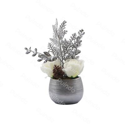 China Home Decoration Puindo Customized 10-30CM Potted Artificial Silver Leaves Christmas Decoration Plant J14 Bonsai For Indoor Office Decoration for sale