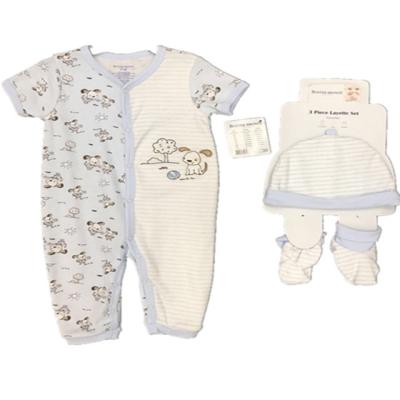 China P0014 Cartoon Baby Boy Anti Shrink Embroidery Romper 3pcs Set For Summer, Kids Clothing Set for sale