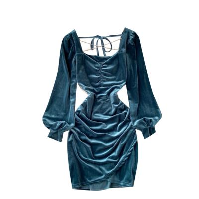 China HSC-KH-007 The Other Sense Of Temperament Design Of The Minority Bubble Long Sleeve Pleated Velvet Dress for sale