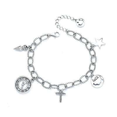 China Statistical Statistical Multi-element Accessories Bullet Star Face Clock Road Sign Silver Smile Bracelet Charms Sterling Luxury Bracelet for sale