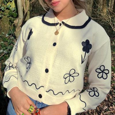 China Viable Floral Embroidery Turn Down Doll Collar Y2K Winter Cardigans Women 2021 Long Sleeve Knitted Sweater Pullovers Female for sale