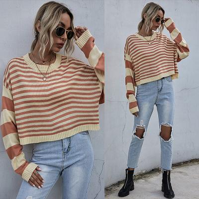 China 2021 Autumn QUICK DRY women European and American striped round neck loose knit short sweater women wear for sale