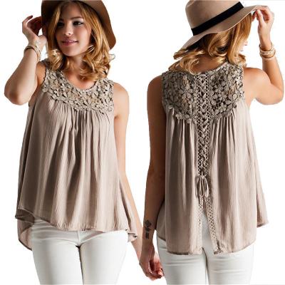 China Viable Once Women Lace Sweet Sleeveless Round Neck Sheer Blouse Hollow Out Short Elegant Shirts Blusas for sale